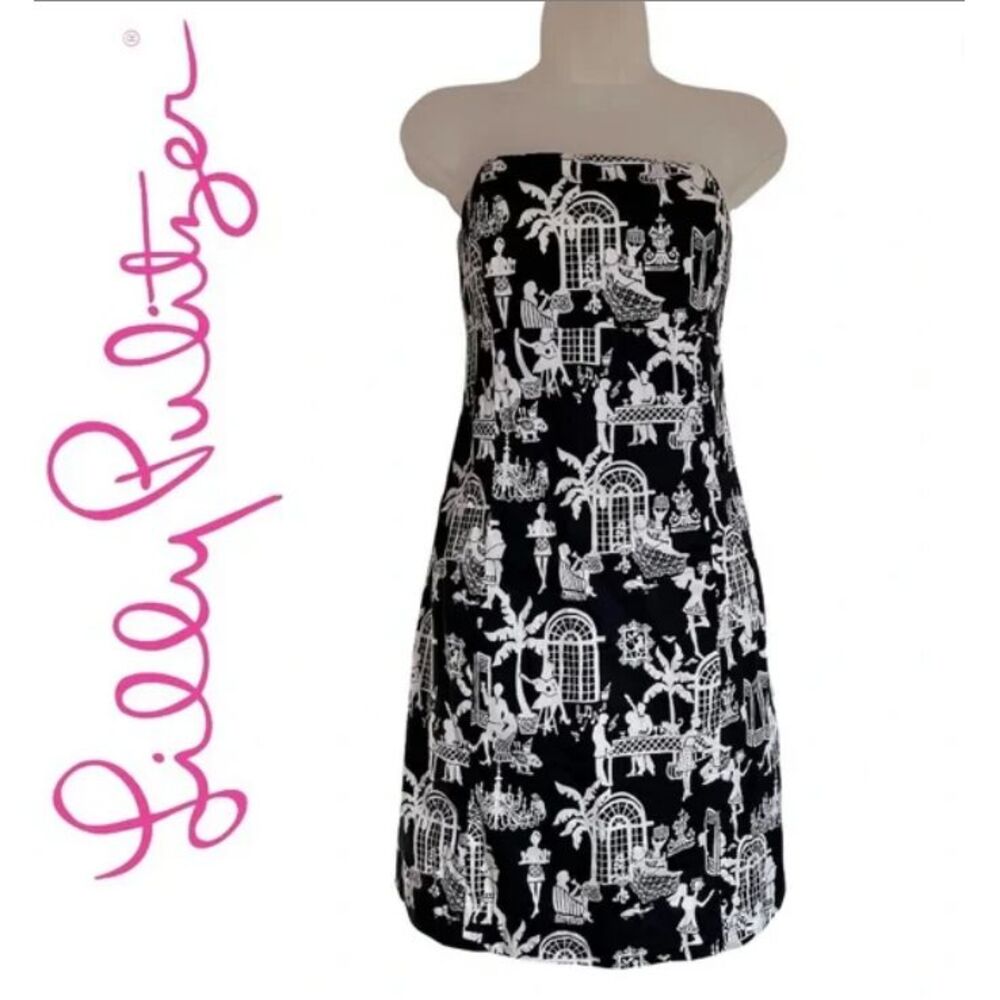 Lilly Pulitzer Strapless Dress Black White Print Party Cocktail Mini
